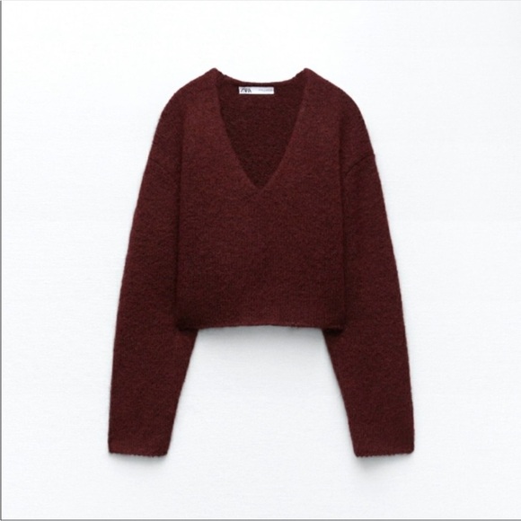 Zara Sweaters - ZARA cropped vneck alpaca blend burgundy sweater